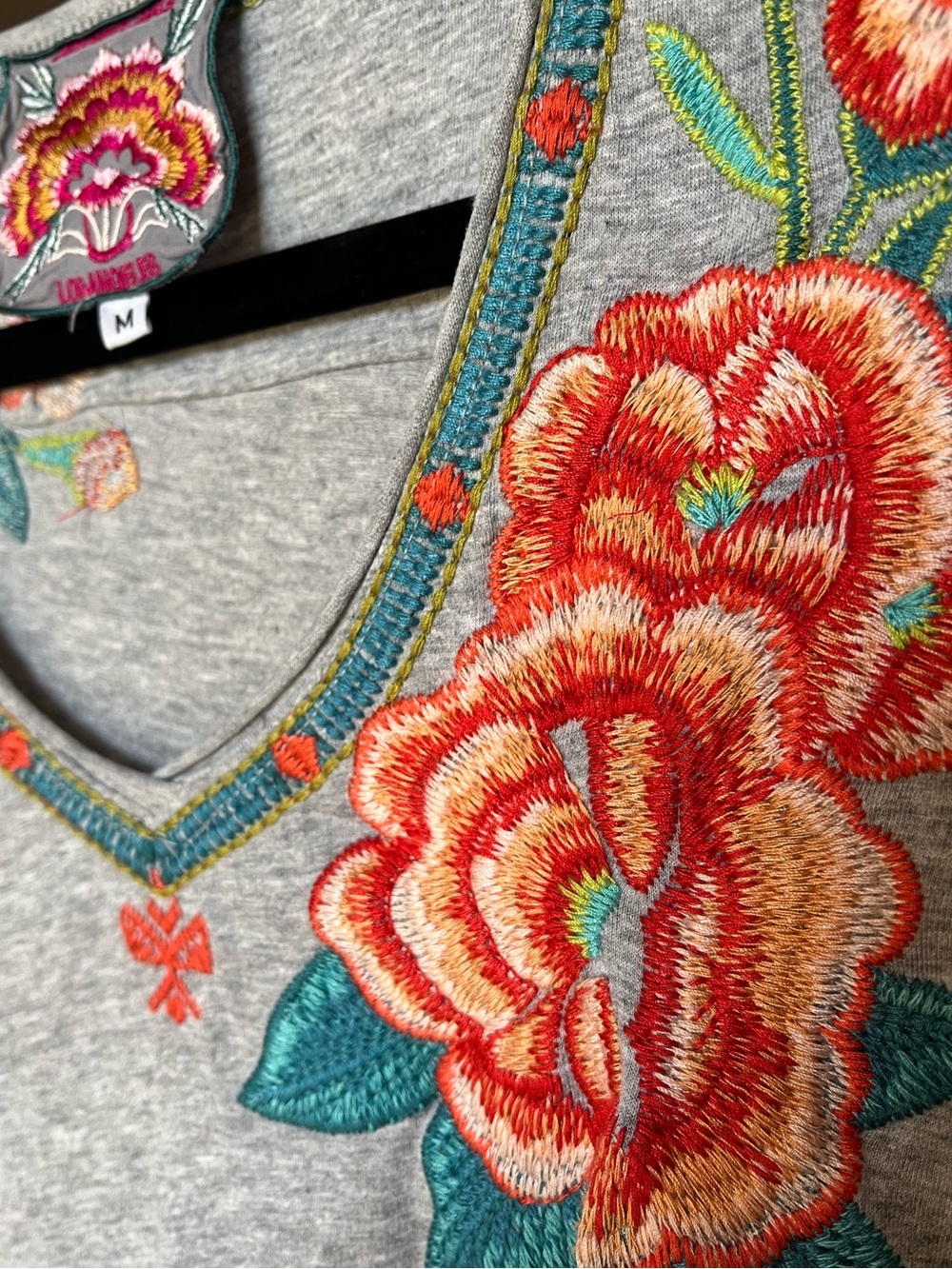 Johnny Was Gray V-Neck Tee with Orange Floral Embroidery - Picture 5 of 6
